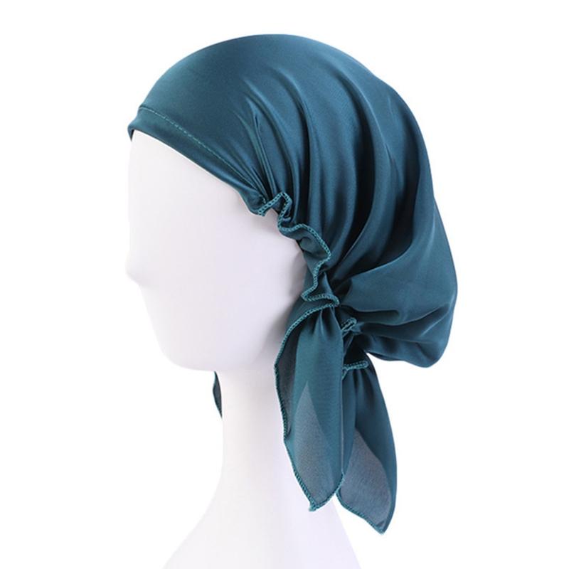 

Women Satin Night Sleep Hat Solid Color Muslim Turban Elastic Beanie Cap Hair Loss Chemo Headscarf Pre Tied Hair Cover, Black
