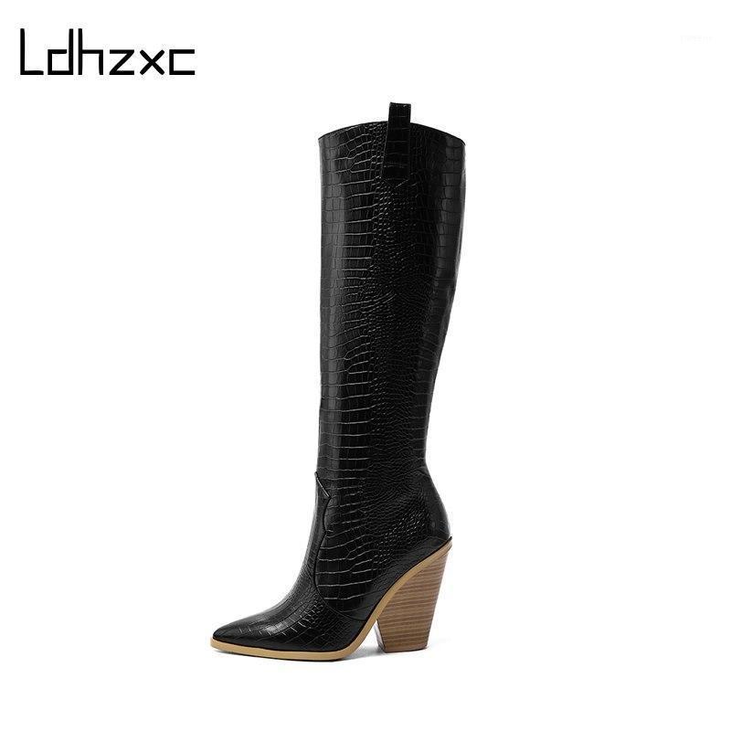 

LDHZXC 2020 New women boots wedges high heels zipper knee high boots quality winter western women shoes big size 42 431, Black
