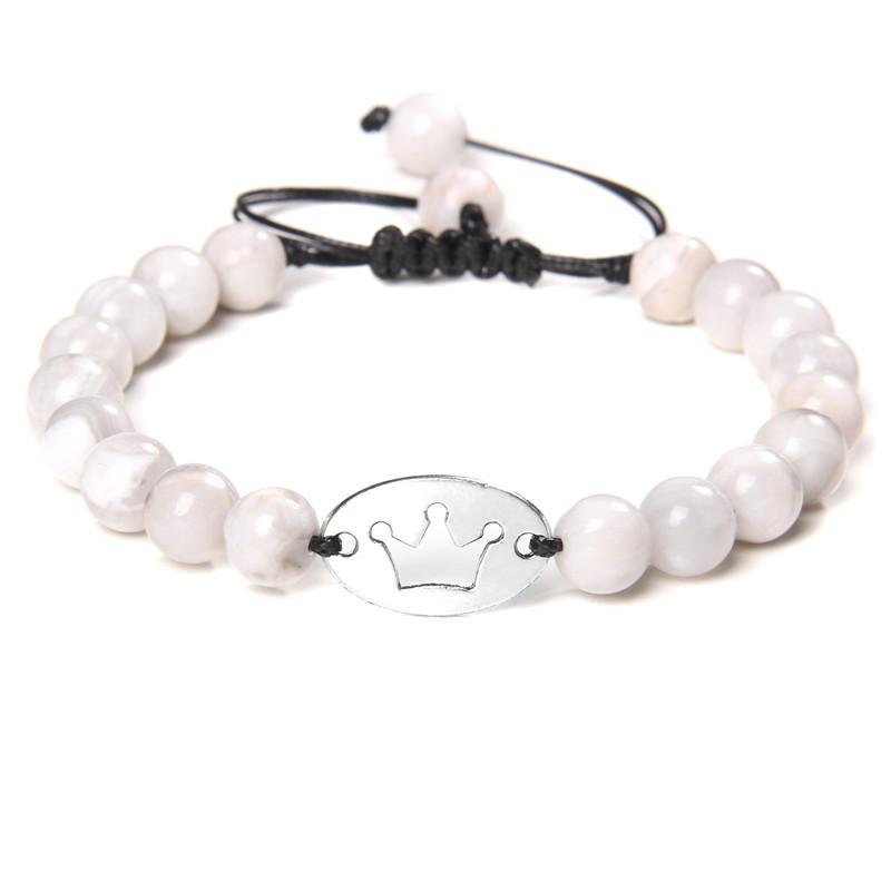 

Hollow Crown Charm Bracelets For Couple Vintage Adjustable Bangle Women Natural White Crazy Agat Pulsera Men Stone Beads Jewelry