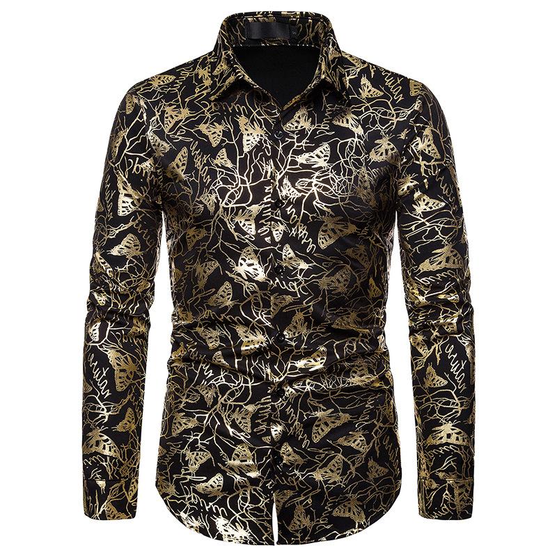 

Nightclub Men' Lapel Butterfly Bronzing Print Long Sleeve Shirt, Black