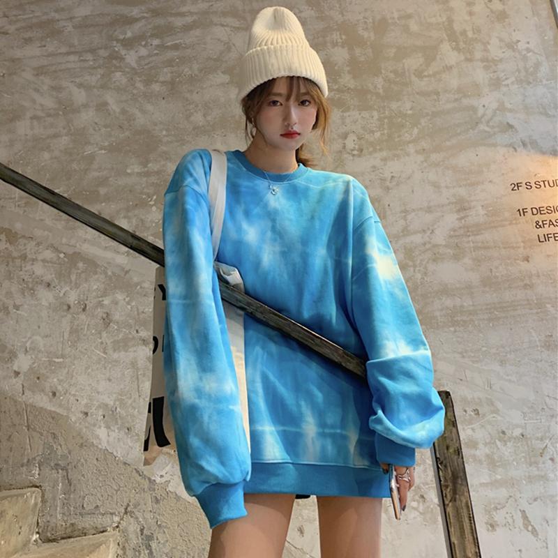 

Ladies Round Neck Blue Tie-Dye Sweatshirt 2020 Autumn Winter New Fashion Casual All-Match Retro Top