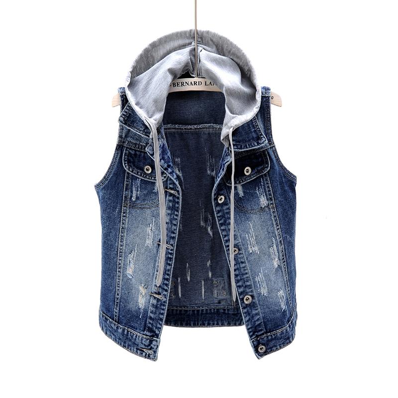

Spring Autumn Detachable Hooded Denim Jacket Waistcoat Vintage Slim Sleeveless Short Vest Coat Casual Female Jeans Jackets Tops, Black dark grey