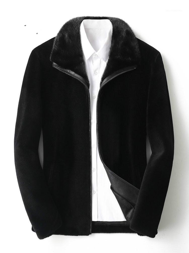 

Mens Shearling Cashmere Genuine Leather Clothes Mink Skin Lapel Winter Lamb Fur Overcoat Jackets Casual1, Black
