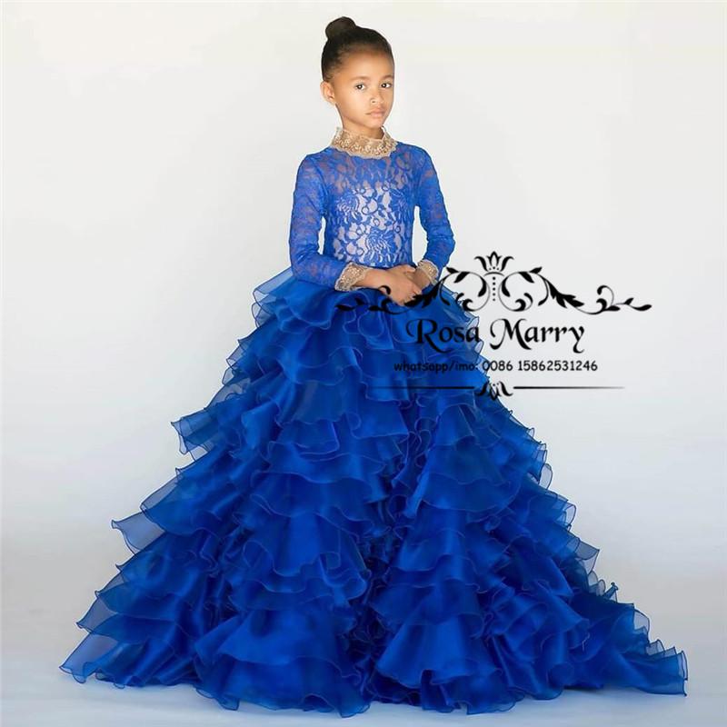 

Royal Blue Princess Flower Girls Dresses for Weddings 2021 Ball Gown High Neck Long Sleeves Vintage Lace Pageant Party Gowns, Beige