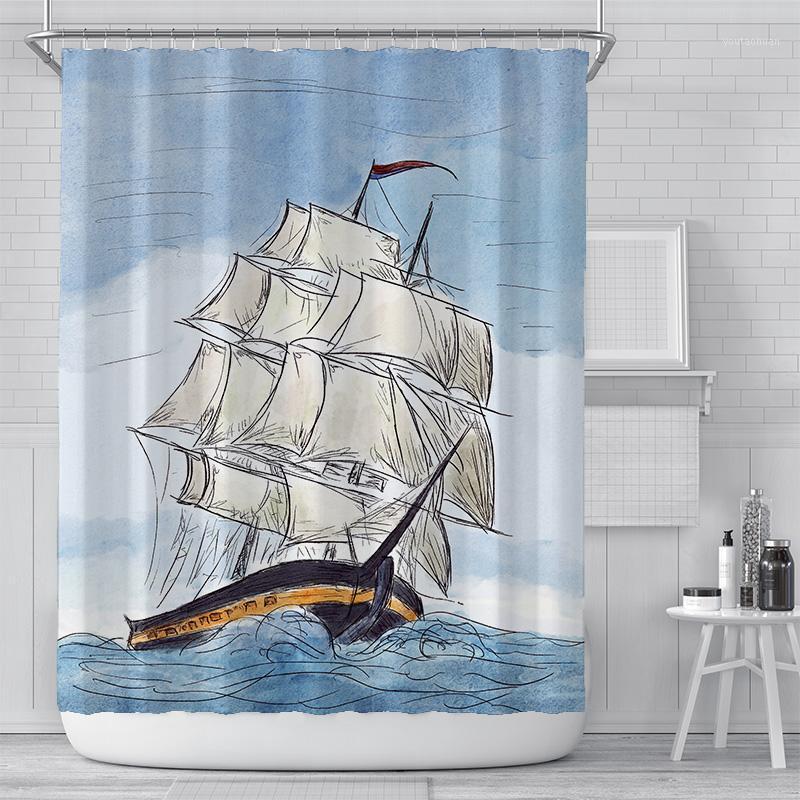 

Sailboat Printing Shower Curtain Waterproof Color Sailboat Painting Bathroom Decorative Curtains With Hooks 180*180cm1
