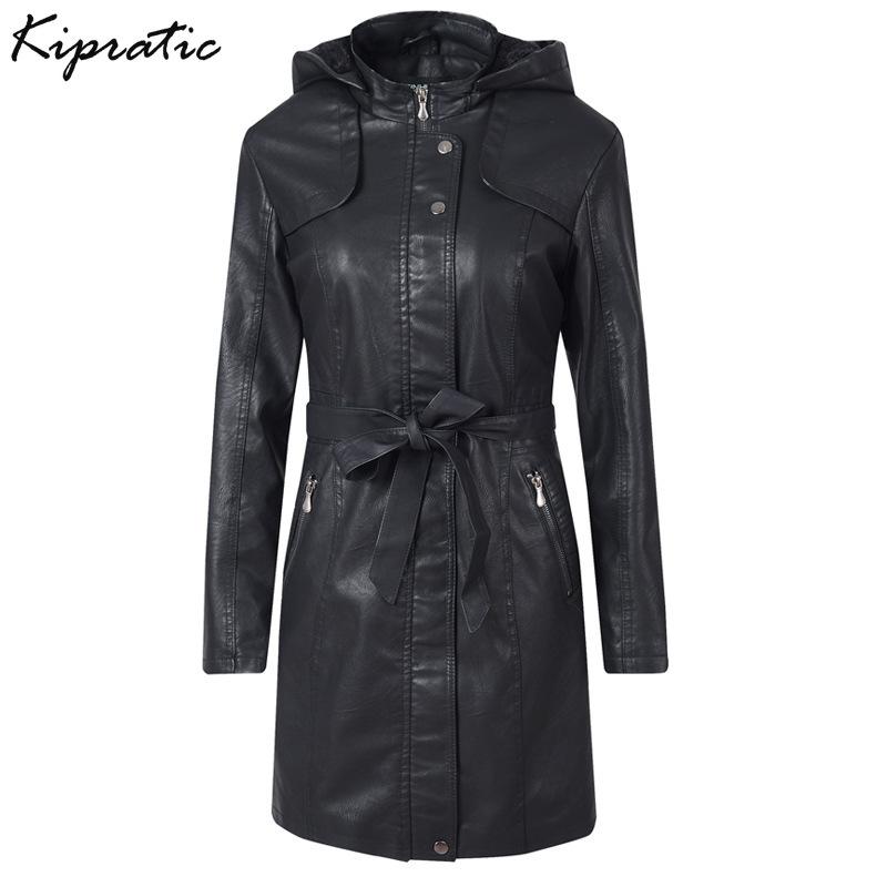 

6 Colors Winter Women PU Leather Jacket Women Flocking Hooded Outwear Mid-length Ladies Thick Faux Leather Coat with Sashes, Brown