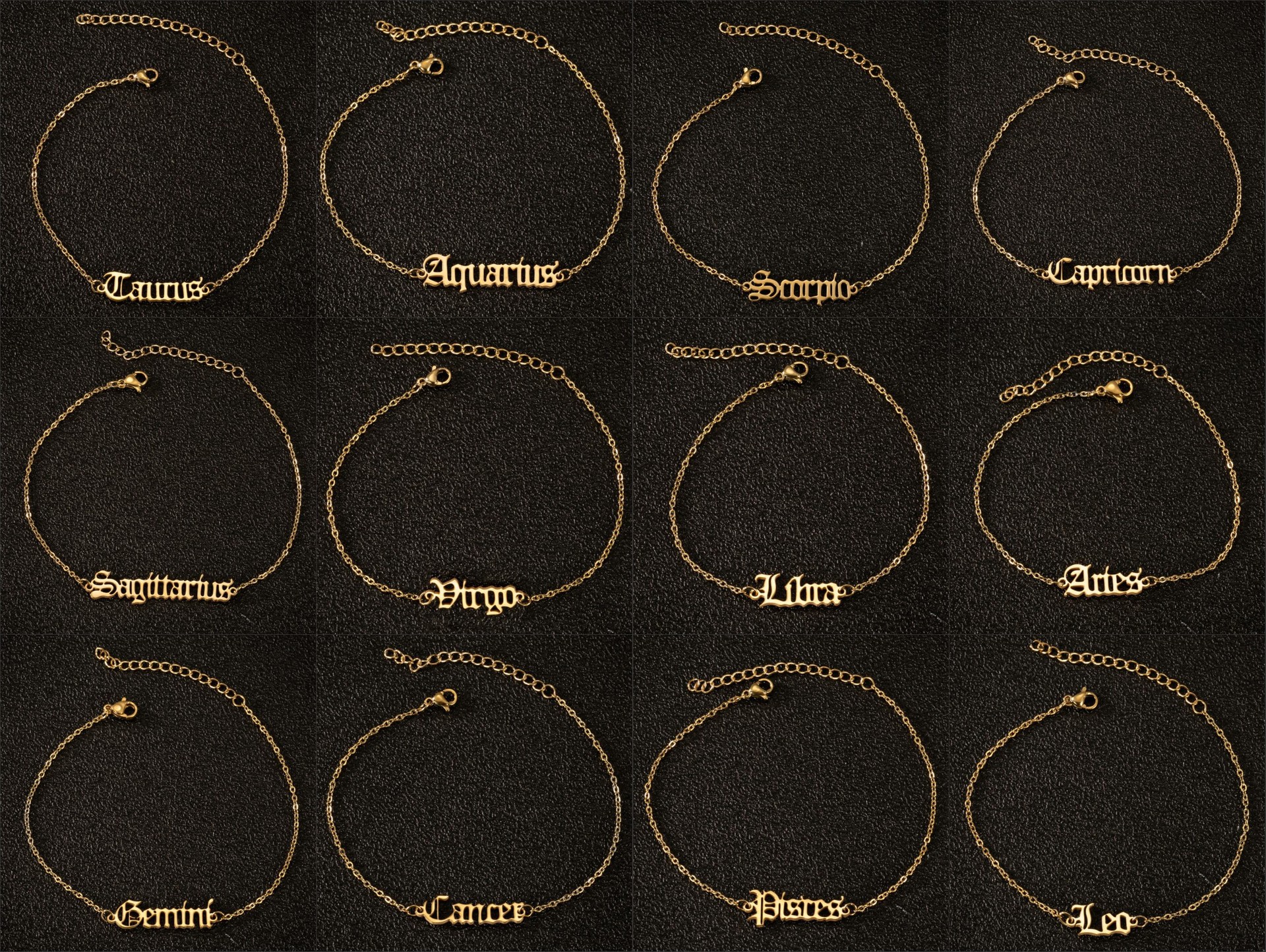 

2020 Fashion Stainless Steel Foot Chain Bracelet Anklet 12 Zodiac Sign old english alphabet charm Bracelet for Women New Design Jewelry Gift, Black