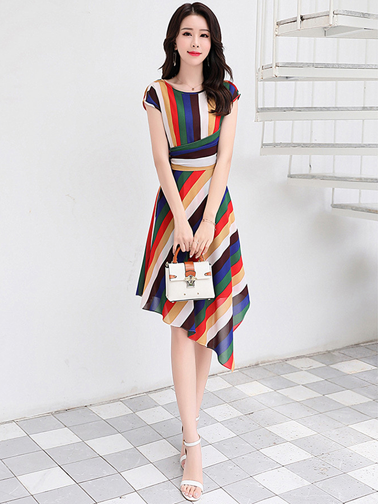 

New 2020 Summer Temperament Slim Slimming Chiffon Irregular Dressed High Belt Torno From Long Neck Section Women in Clothes N9iq IJ8D, Photo color