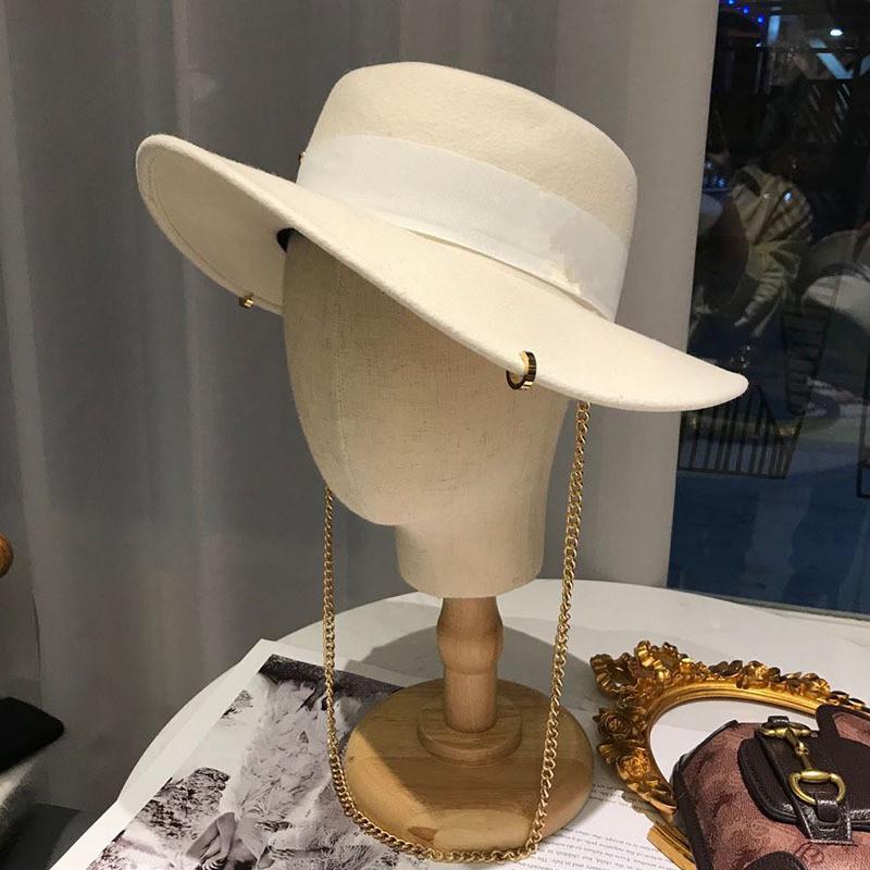 

202009-weiming autumn winter wool fashion Golden Ring Pearl chain lady fedoras cap women leisure panama jazz hat, Black