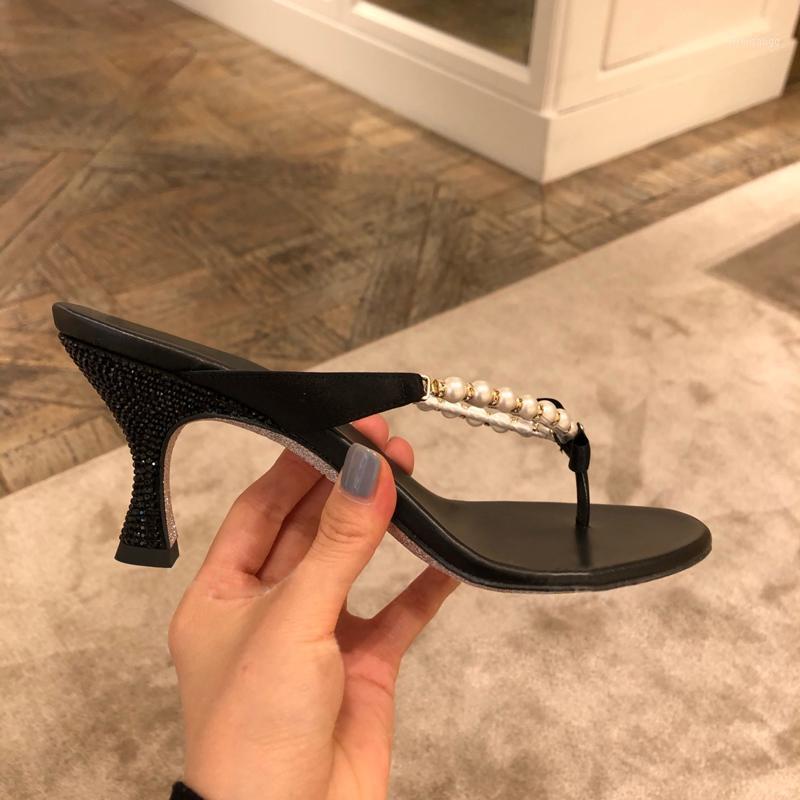 

Rhinestone pinch high-heeled sandals women's summer 2020 new pearl flip-flops with bow black sandals and slippers slippers1