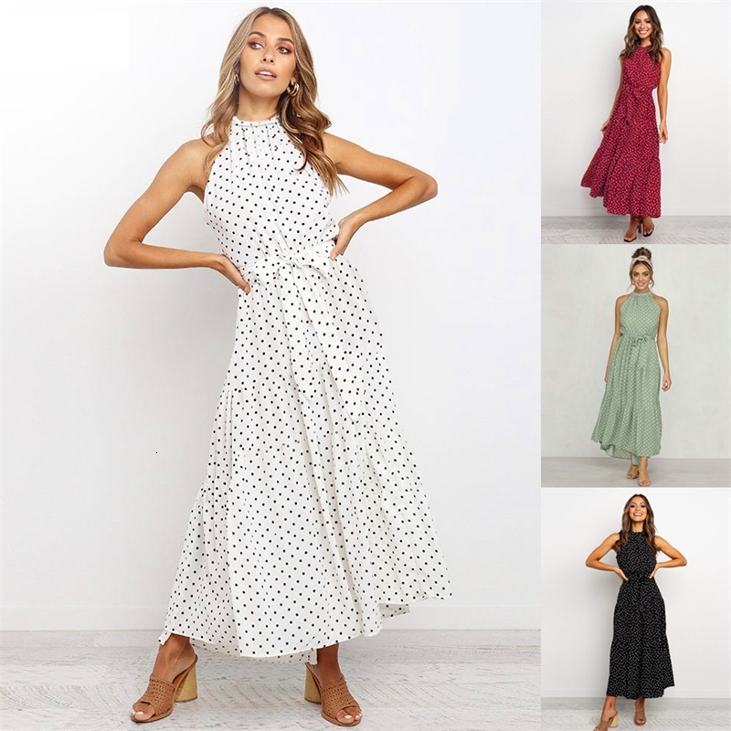 

2021 New Sexy O-neck Polka Dot Long Female High Waist Sleeveless Dress Vacation Dressed As Beach 8M2F, Green.