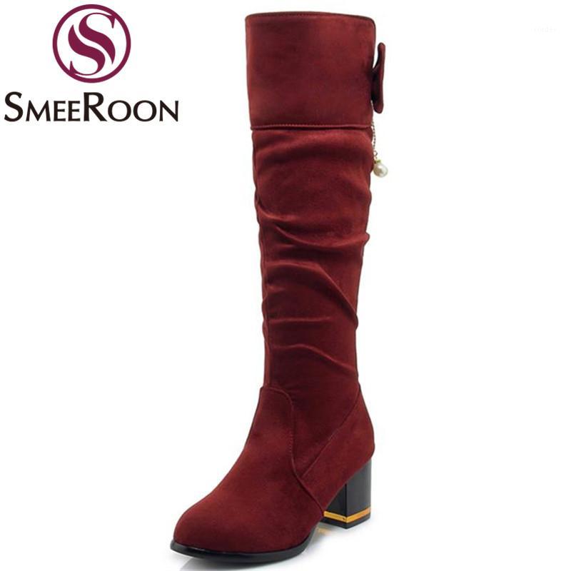 

Smeeroon hot sale solid color knee high boots for women med heels boots sweet butterfly-knot warm winter ladies shoes1, Black