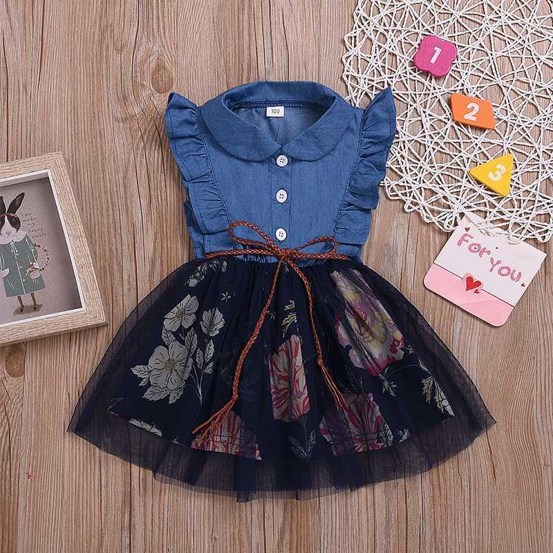 

Girls Dress Summer New Denim Stitching Floral Mesh Gown Dress Baby Girl Flying Sleeves Kid Clothes Tulle Princess1, Blue