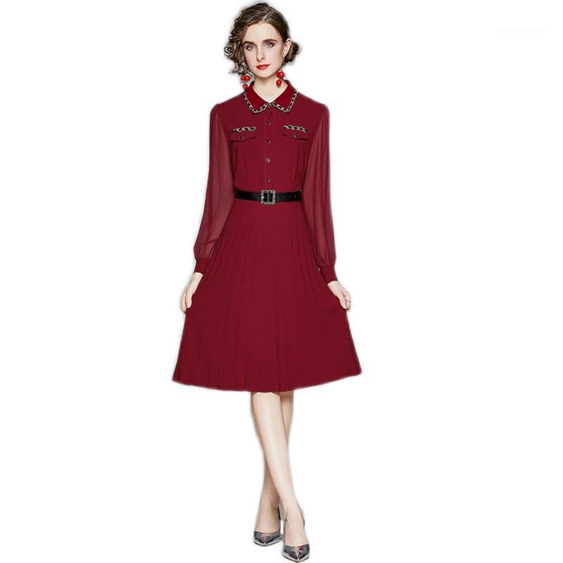 

2020 New Spring Autumn Women Turn-down Collar Long Sleeve Dress Fashion Pleated Hem Wine Red Chiffon Dress Send The Belt1, Burgundy
