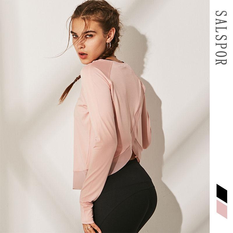 

SALSPOR Shirts Women Mesh Back Split Cross Yoga Long Sleeve Workout Breathable Running Gym Training Sportswear1, Black