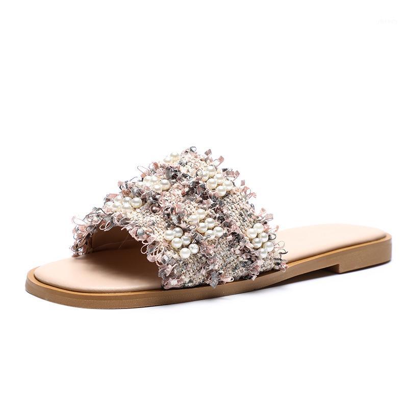 

Summer Flat Slippers Shoes Woman Peep Toe Black White Ladies Slides Sandals Womens Footwear Zapatos De Mujer QSD91, Apricot