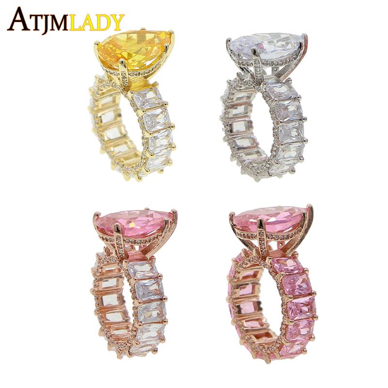 

2020 tear drop pink pinky cz ring for girl women baguette cz engagement band luxury iced out bling finger rings jewelry