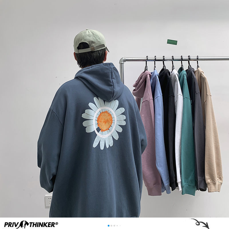 

2021 New Privathinker Daisy Print Sweatshirt Hoodies Men Oversized Winter Warm Hooded Sweatshirts Korean Streetwear Couple Hoodie FRYM, White(fleece)