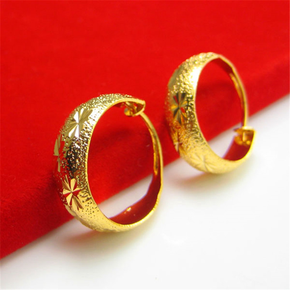 Ancient Hoop Earrings 18k Yellow Gold Filled Womens Huggie Earrings Carved Star-image-607531886