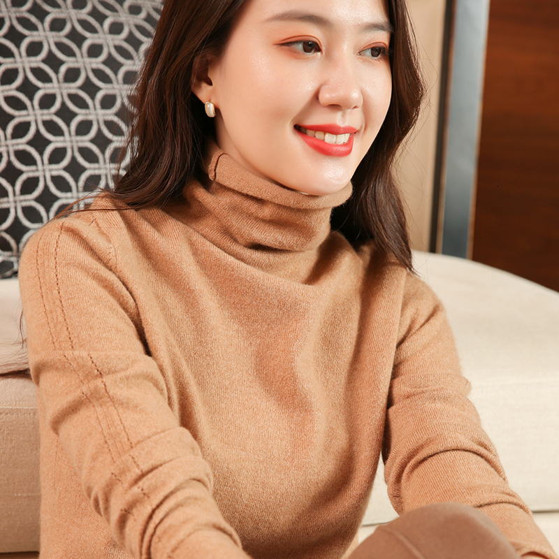 

2021 Hot Sale 110cm Bust Size Turtleneck Women Sweaters 100% Pure Wool Knit Tops Winter Autumn New Solid Color Pullovers Female 2b99, Beige camel