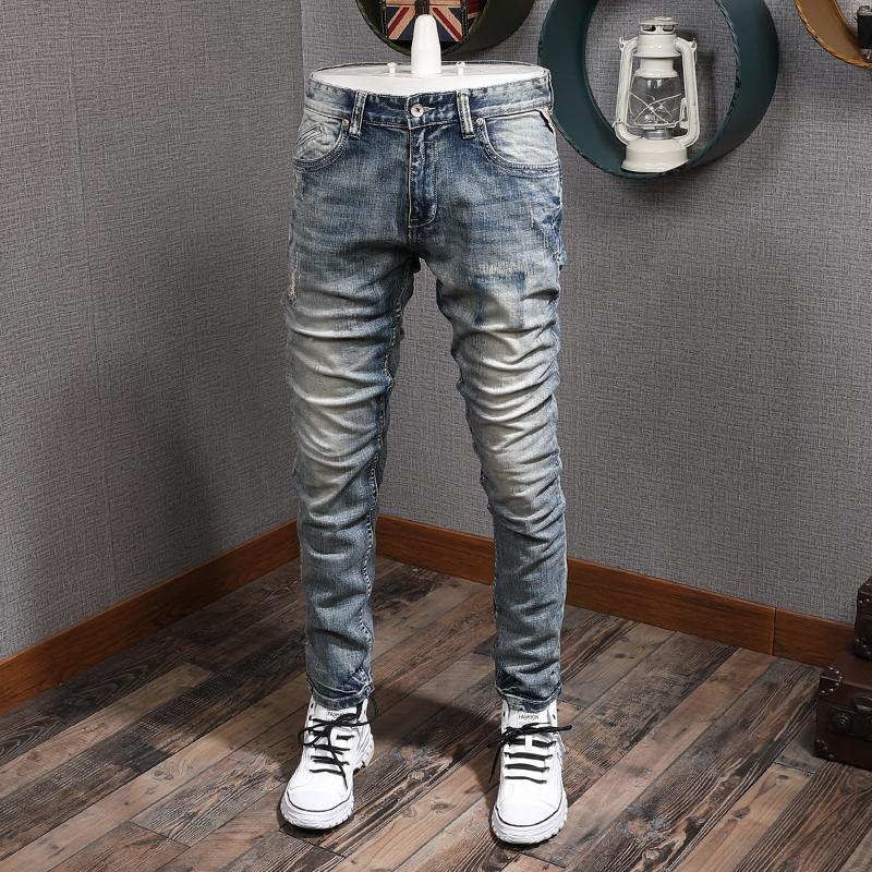 

Italian Style Fashion Men Jeans High Quality Slim Fit Retro Wash Ripped Denim Pants Hombre Streetwear Vintage Designer Trousers, Retro blue