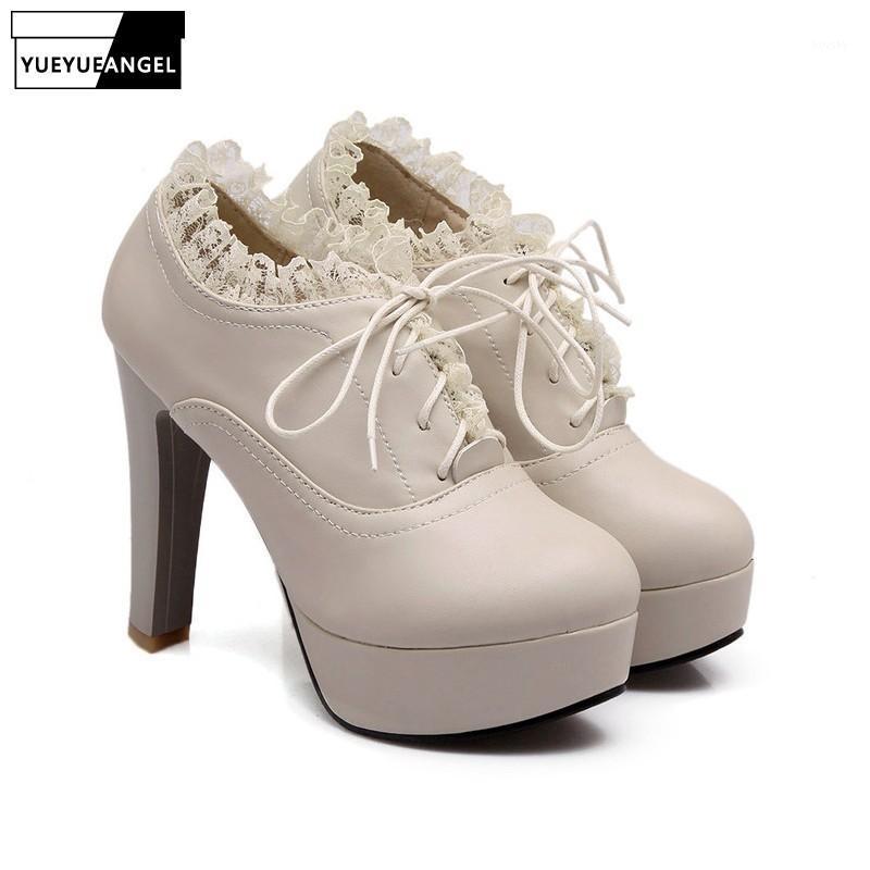 

Plus Size 43 Women Sexy Lace Platform High Heels Shoes Lace Up Party Wedding Pumps 2021 New Fashion Spring Round Toe Thin Heels1, Beige