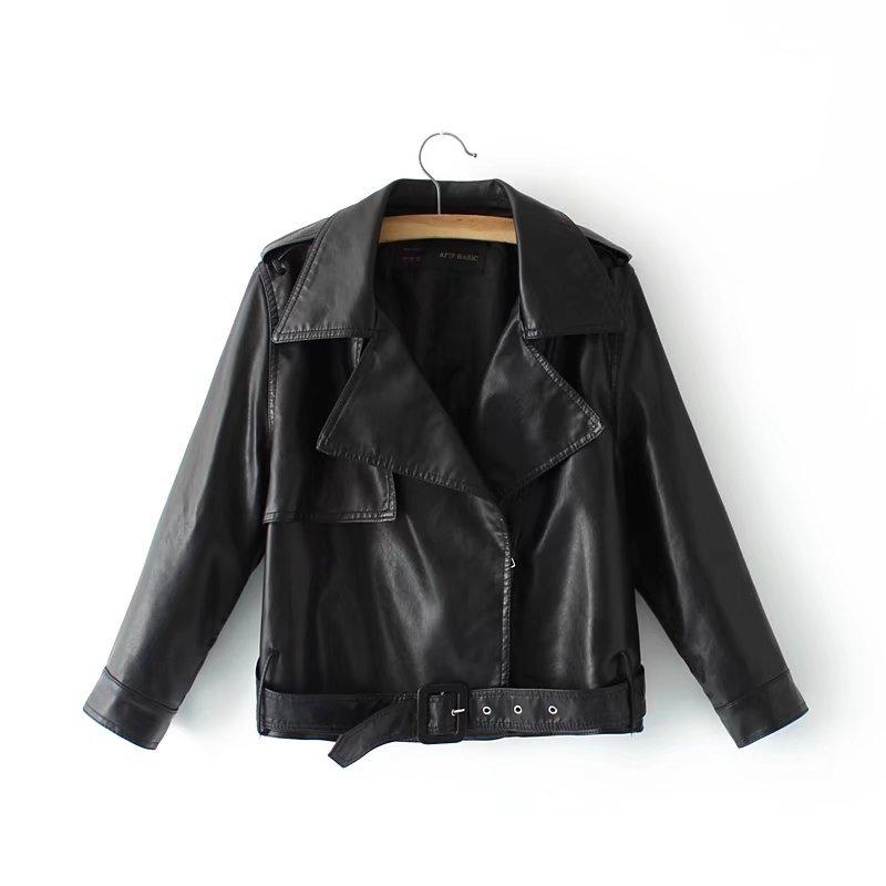 

DEAT] Loose Fit Jacket Leather New V-neck Sashes Long Sleeve Locomotive Women Coat Fashion Tide Spring Autumn 2020 13U641, Black