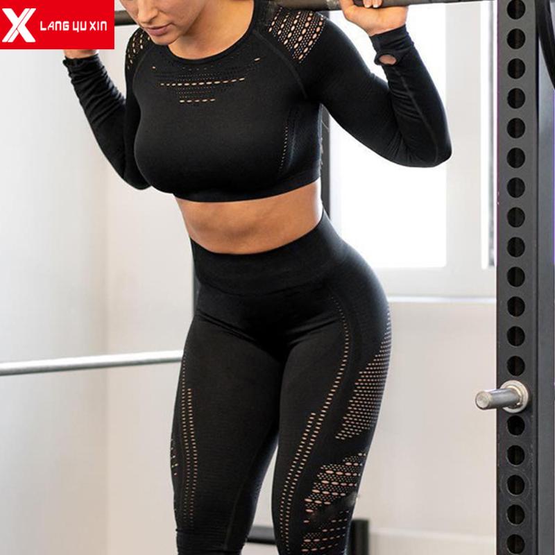 

Women Seamless Yoga Set Fitness Sports Suits Cloth Long Sleeve Crop Top Shirts High Waist Running Leggings Workout Tracksuits, Black