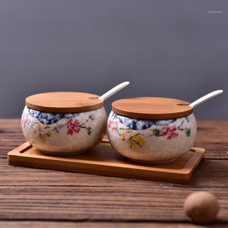 

Set Seasoning Storage Jars Ceramic Sugar Salt Jar Bottles Spice Condiment Organizer Vintage flower Seasoning Jars Kitchen M102C1