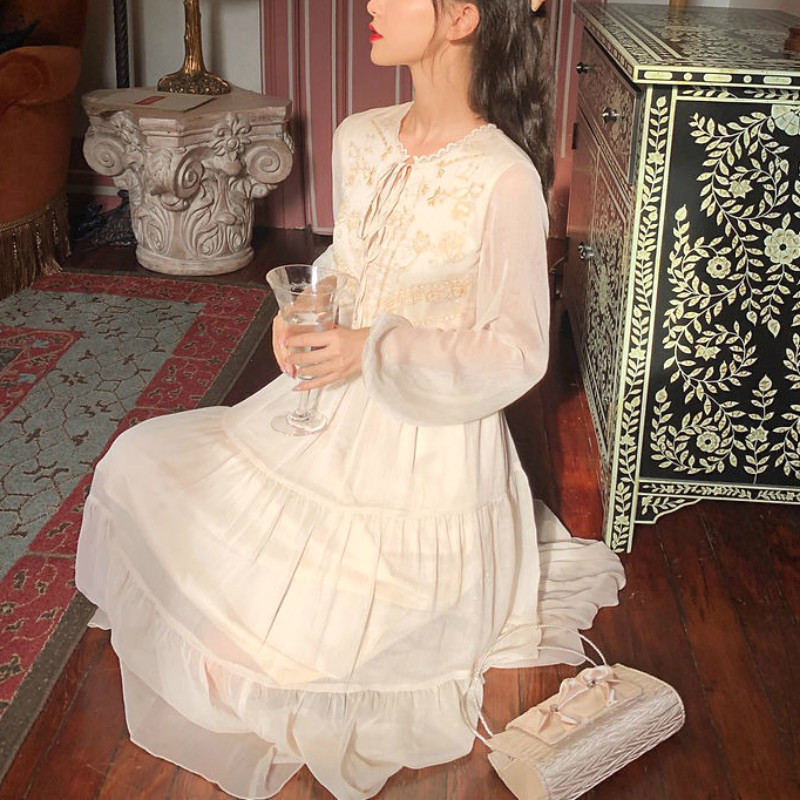 

2021 New Elegant Fairy Women Lace Chiffon Party Embroidery Floral Draped Lace-up Long Sleeve Vintage Chic Korean 1e6y, Pink