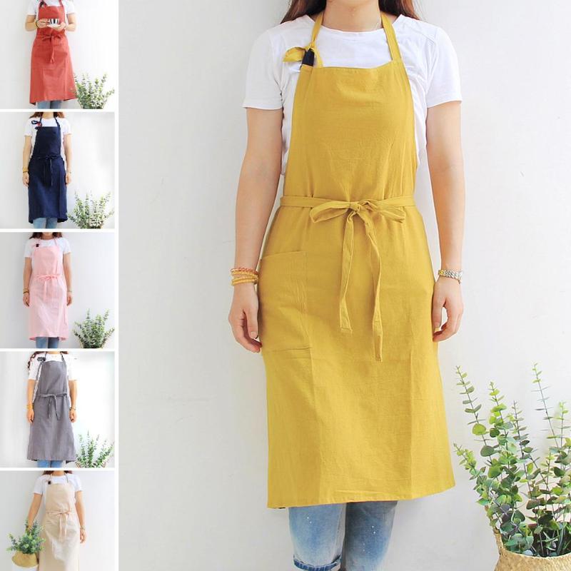 

Fashion Unisex Solid Color Front Lace Up Pockets Home Kitchen Cafe Cooking Apron Household Cleaning Acessories Home Women Aprons