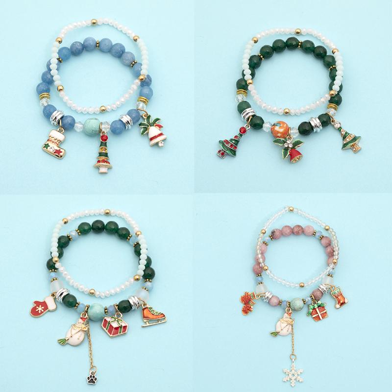 

2 Pcs/Set Christmas Decorations for Women Santa Claus Christmas Tree Socks Bell Pendant Crystal Bracelets 2021 New Year Bracelet
