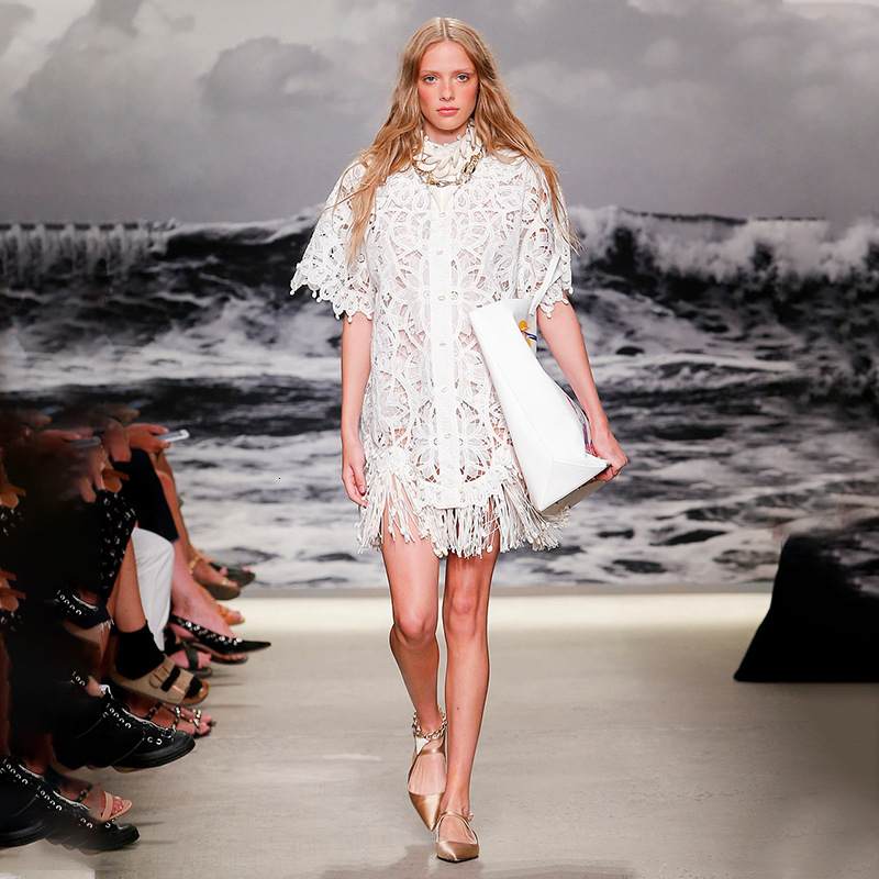 

Runway High Street Boutique Hollow Female Lasso Out Fancy Embroidery Dressed in Party Autumn White Spring Femme Dress V5zm