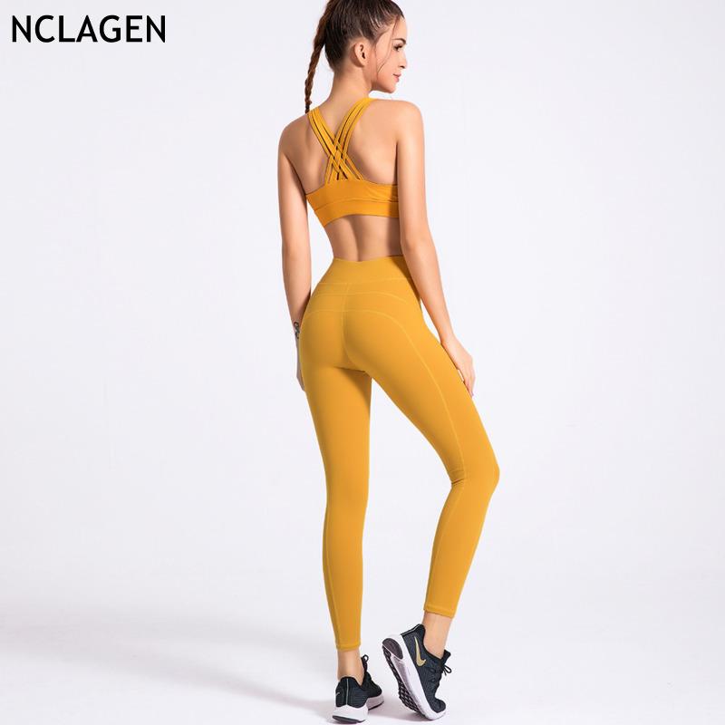 

NCLAGEN Sport Outfit Woman Yoga Set 2 Piece High Quality Sexy Fitness Suit Gym Clothes Sport Leggings And Top Workout Sportwear, Black