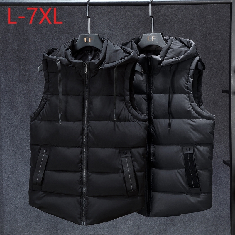 

New Stylish Winter Men Plus Large Size 7XL Vest Hat Detachable Sleeveless Jackets Thick Parka for Men Unisex Waistcoat Unloading 201114, Black men vest