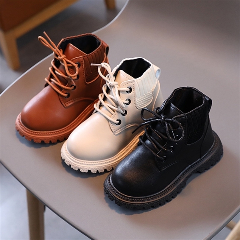 

2021 Autumn Classic Black Brown White Fall Winter Platform Boots for Children Cozy Toddler Boys Martin Boots Kids Girl Shoes 220215, Brown single