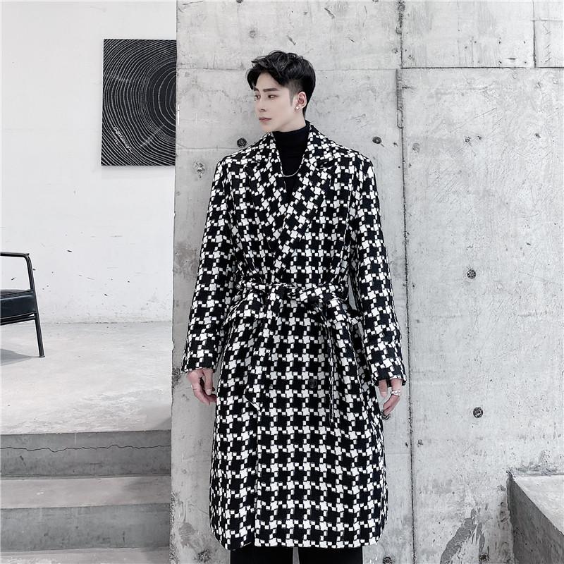

New Male Women Streetwear Vintage Casual Loose Trenchcoat Outerwear Men Belt Woolen Thicken Long Plaid Trench Coat Overcoat, 206
