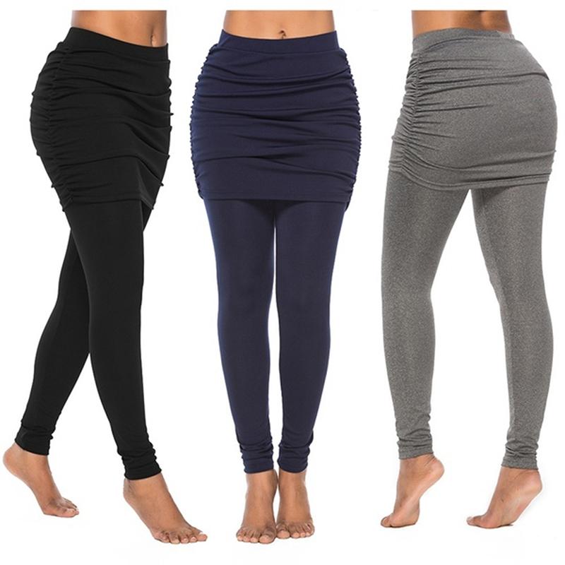 

High Waist Leggings 2021 Running Pants WomenWrap Hip Side Pleated Skirt Fake Two Pieces Sexy Skirted Leggings Yoga Pants, Navy