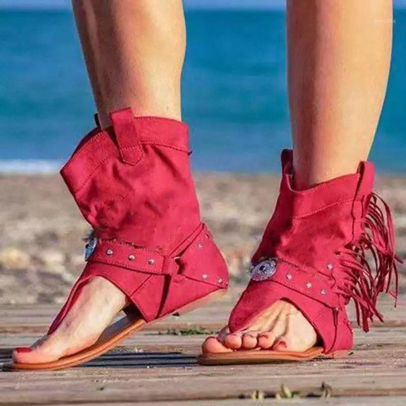 

Women Calf Sandals Gladiator Fringe Rivet Metal Decoration Flat Heel Rome Casual Fashion Flip Toe Female Ladies Shoes Summer1, Red