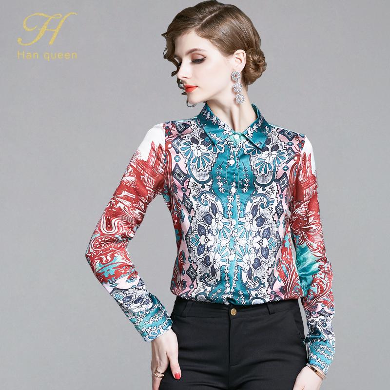 

H Han Queen Office Lady Blusa Turn-down Collar Vintage Print Tops New Elegant Loose Chiffon Women Blouses Wear Work Casual Shirt, Photo color