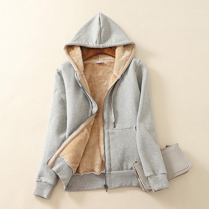 

Lamb velvet hooded sweater women fall/winter plus size student solid color warm cotton coat plus velvet thick zipper cardigan jacket1