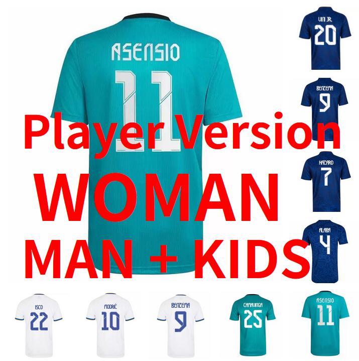 

adult kids woman 21 22 ALABA VINI JR Soccer Jerseys Player version HAZARD MODRIC RODRYGO KROOS VALVERDE ASENSIO Camavinga Camiseta de futbol 2021 2022 football shirt, Kids size
