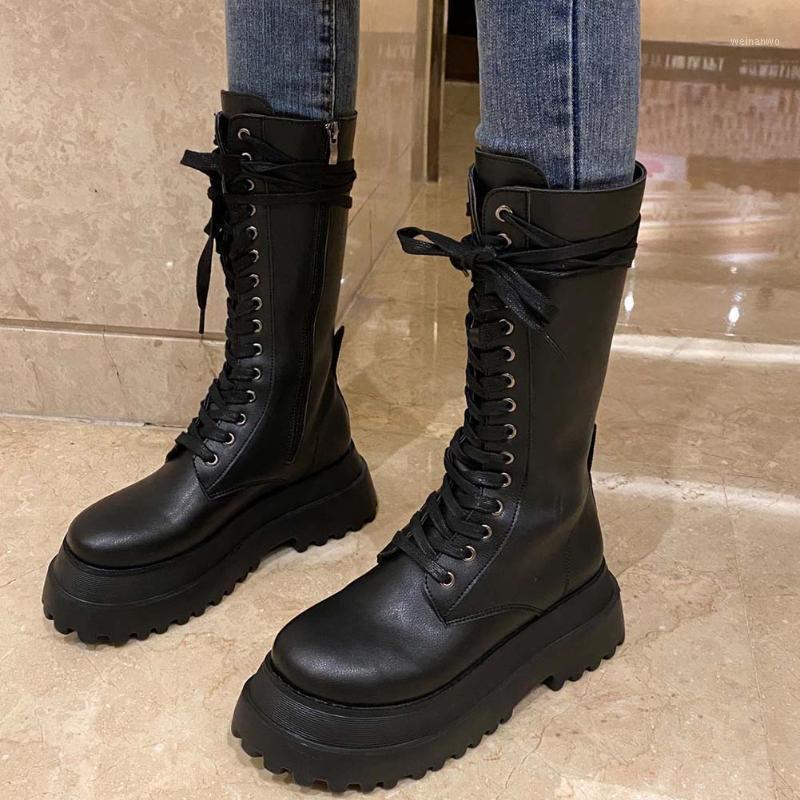 

RIBETRINI New Arrival Female Solid Zipper Platform Cross Tied Shoes Women Boots Thick Bottom Cool Spring Autumn Boots1, Black