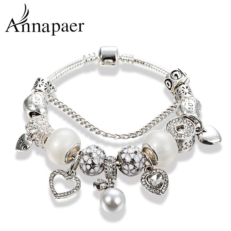 

ANNAPAER 2020 Silver plated Crystal Charm Bracelet Women DIY Fine Heart Pendant Fit Pan Original Bracelet Jewelry Gift B17053