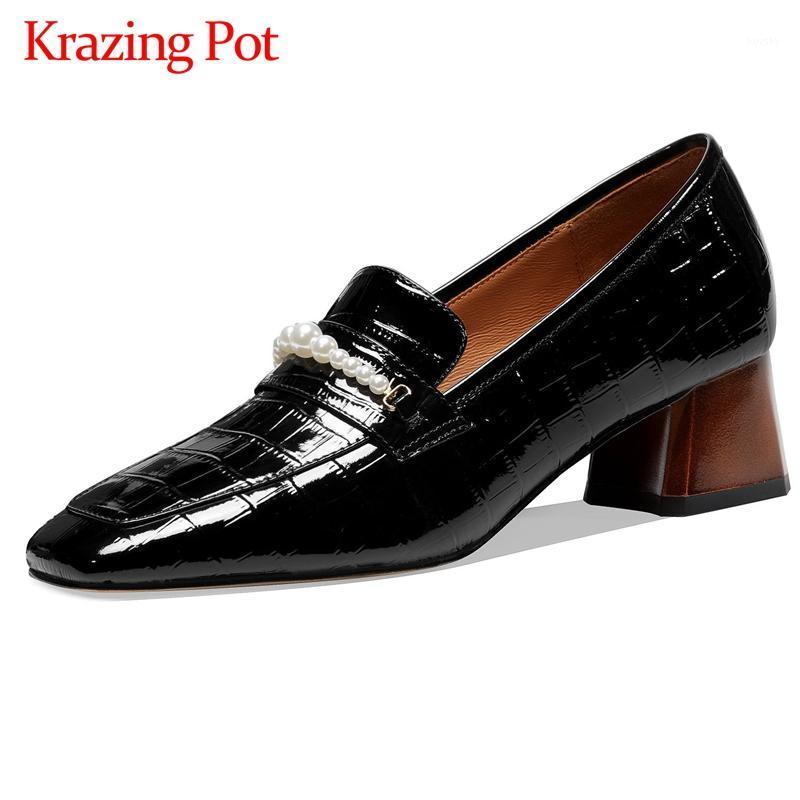 

Krazing Pot large size spring season cow patent leather beading pearl square toe thick med heel slip on gorgeous women pumps L621, Black