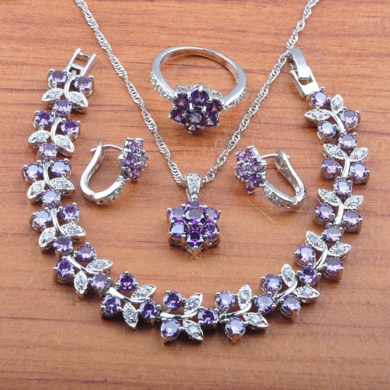 

Earrings & Necklace 925 Sterling Silver Jewelry Set Gift Purple Zirconia For Women Pendant Rings Bracelet JS05011, As pic