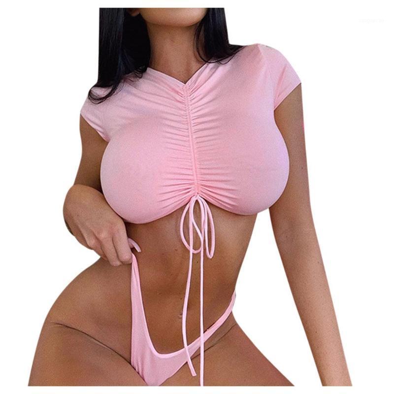 

Women' Short Sleeve V-Neck Drawstring Top Vest Top 2021 Lady Summer Slim Beach Tops Sport Running Streetwear Female Nightwear1, Pink