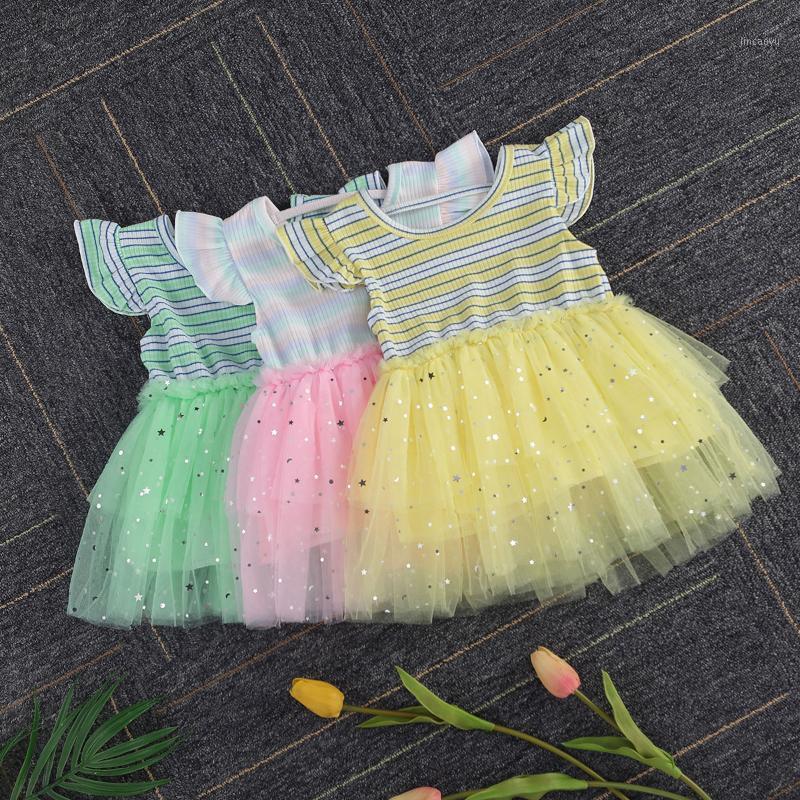 

Princess Kids Girls Dress Summer Party Ruffle Short Sleeve Rainbow Striped Print Pegeant Stars Tulle Tutu Kids Dress1, Green