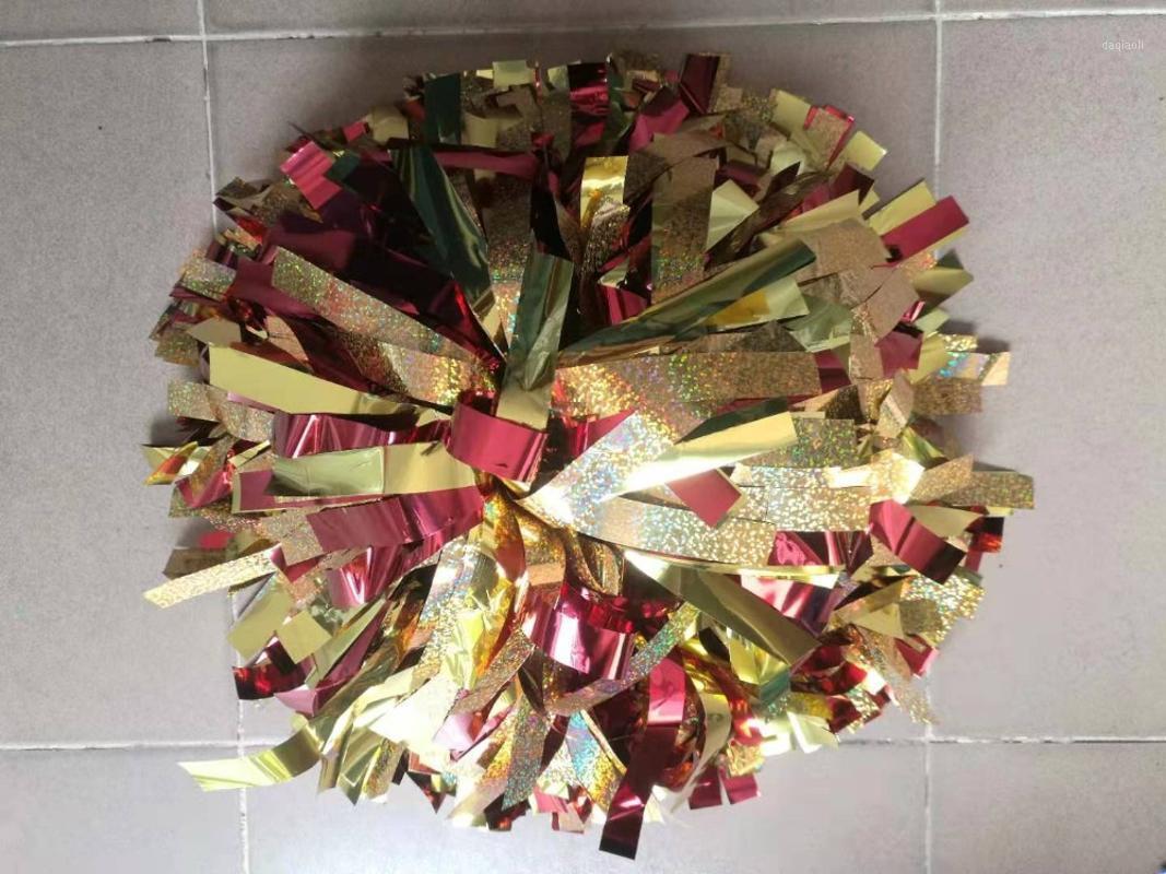 

Cheerleader Pom poms 3/4"x 6" Metallic gold holographic gold with metallic red 3colors mixed Competition Professional pom1