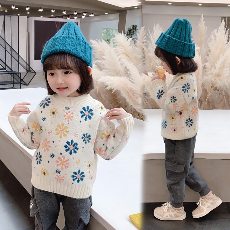 

2021 New Girl Casual Sweater Children's Knitted Woolen Round Neck Autumn/Winter Kids Cute Floret Long Sleeve Keep Warm Thicken, Blue